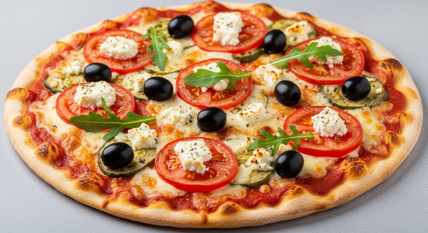 Pizza Rucola mit Tomaten, Oliven und Rucola